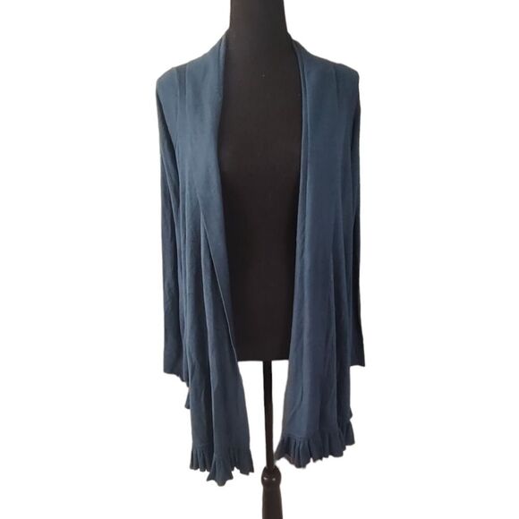 BCBGMaxazria Silk Cashmere Teal Ruffle Open Front Cardigan Sweater Small - Picture 1 of 6